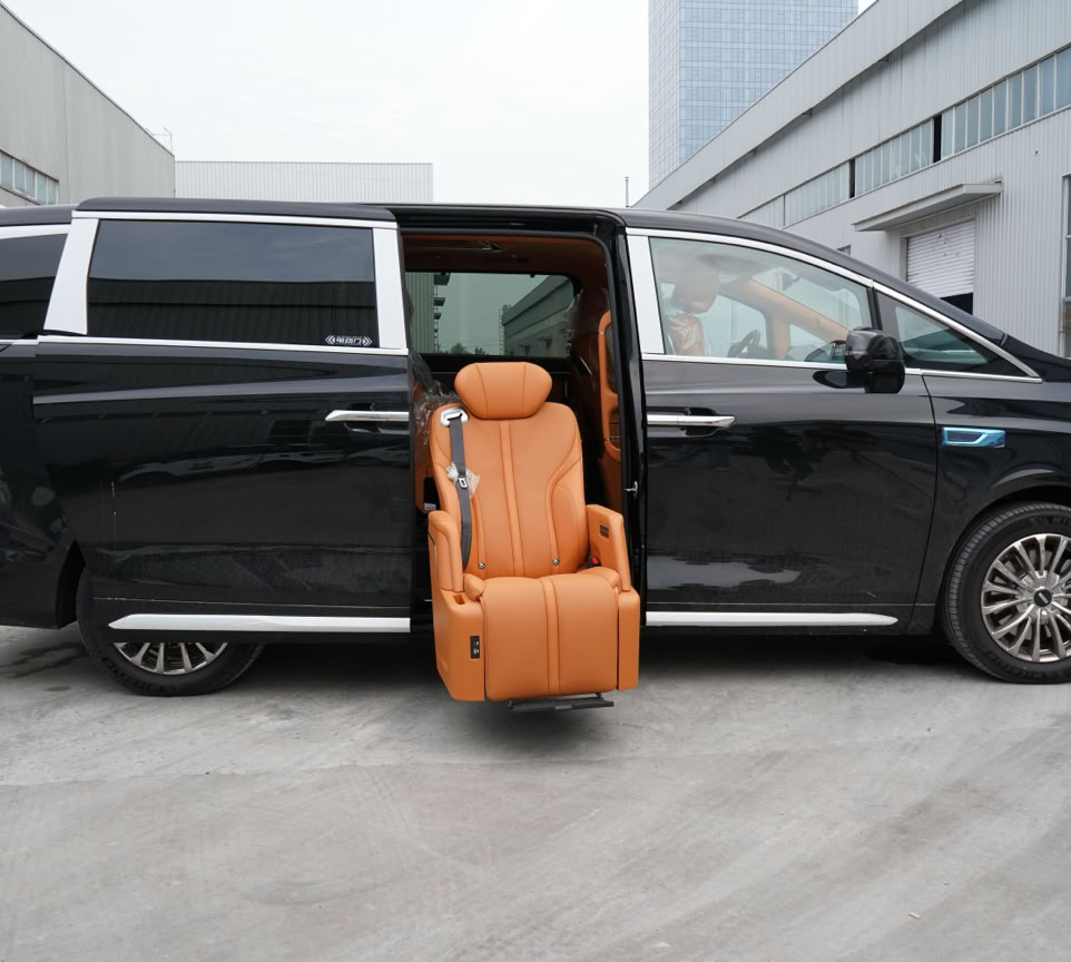 Black luxury minivan showcasing a unique swivel seat for easy access.